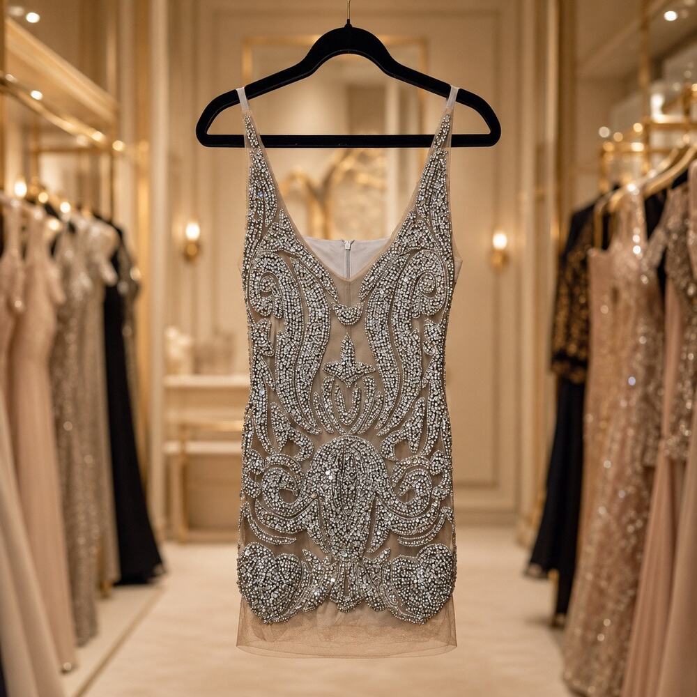Rhinestone Illusion Mesh Mini Dress Gray Purple Velour Bodycon Cocktail Party